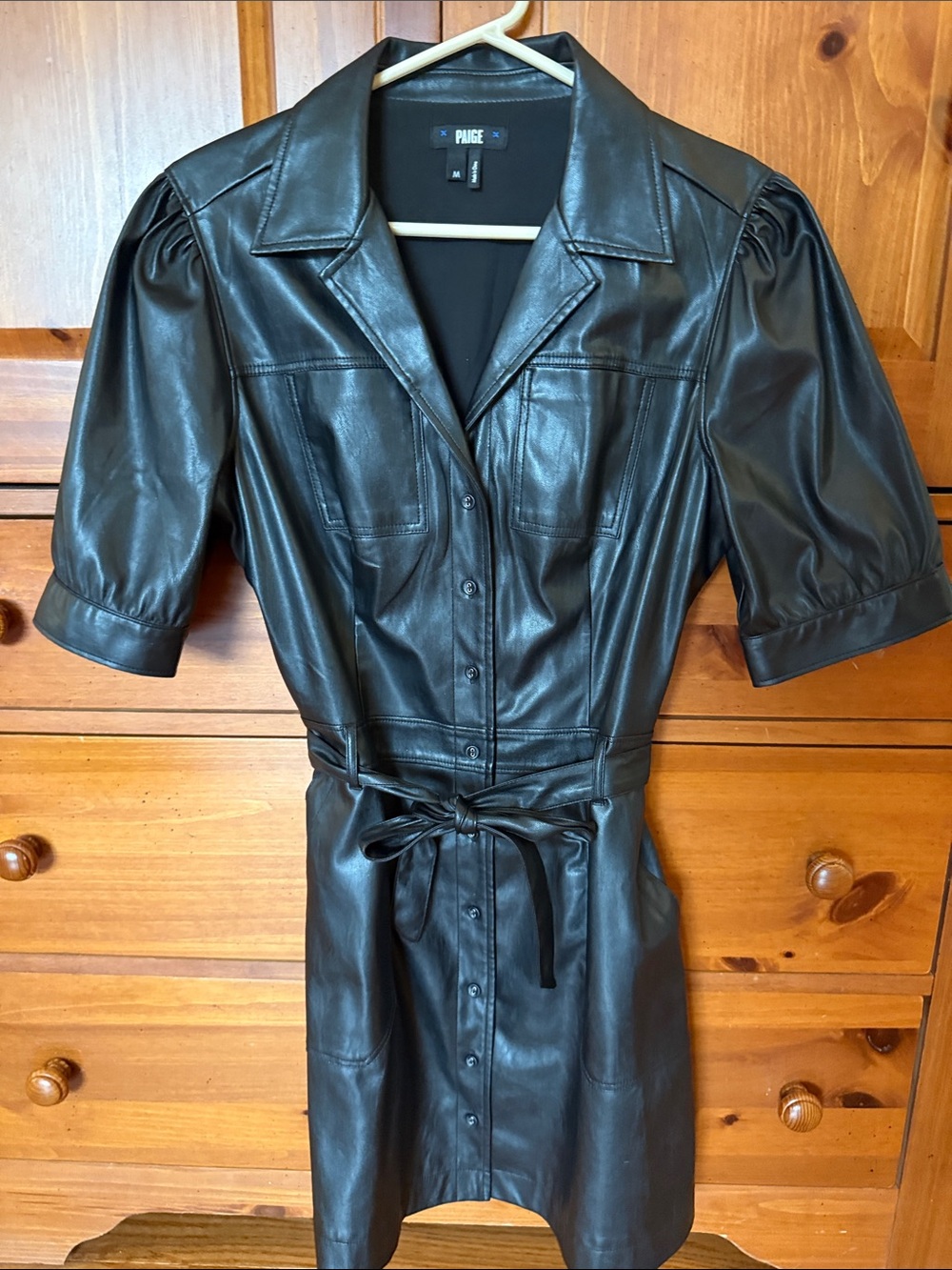 PAIGE Black Faux Leather Shirt Dress with Tie Waist